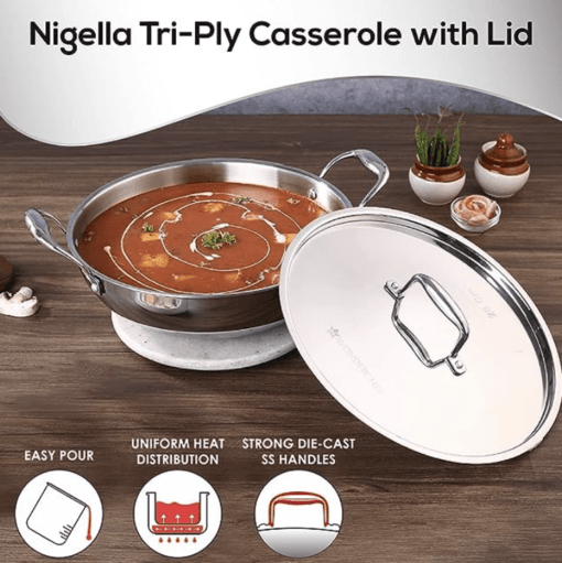 Wonderchef Nigella Tri-ply Stainless Steel 24 cm Kadhai with Lid, 2.2 Litres, 2.6mm Thickness, Kadai with Induction base | Compatible with all cooktops | Riveted Cool-Touch Handle | 10 Year Warranty - Image 2
